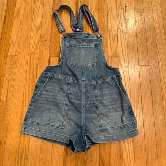 Aerie Denim Overall Romper Floral Embroidered Pocket Size Small - Picture 4 of 5